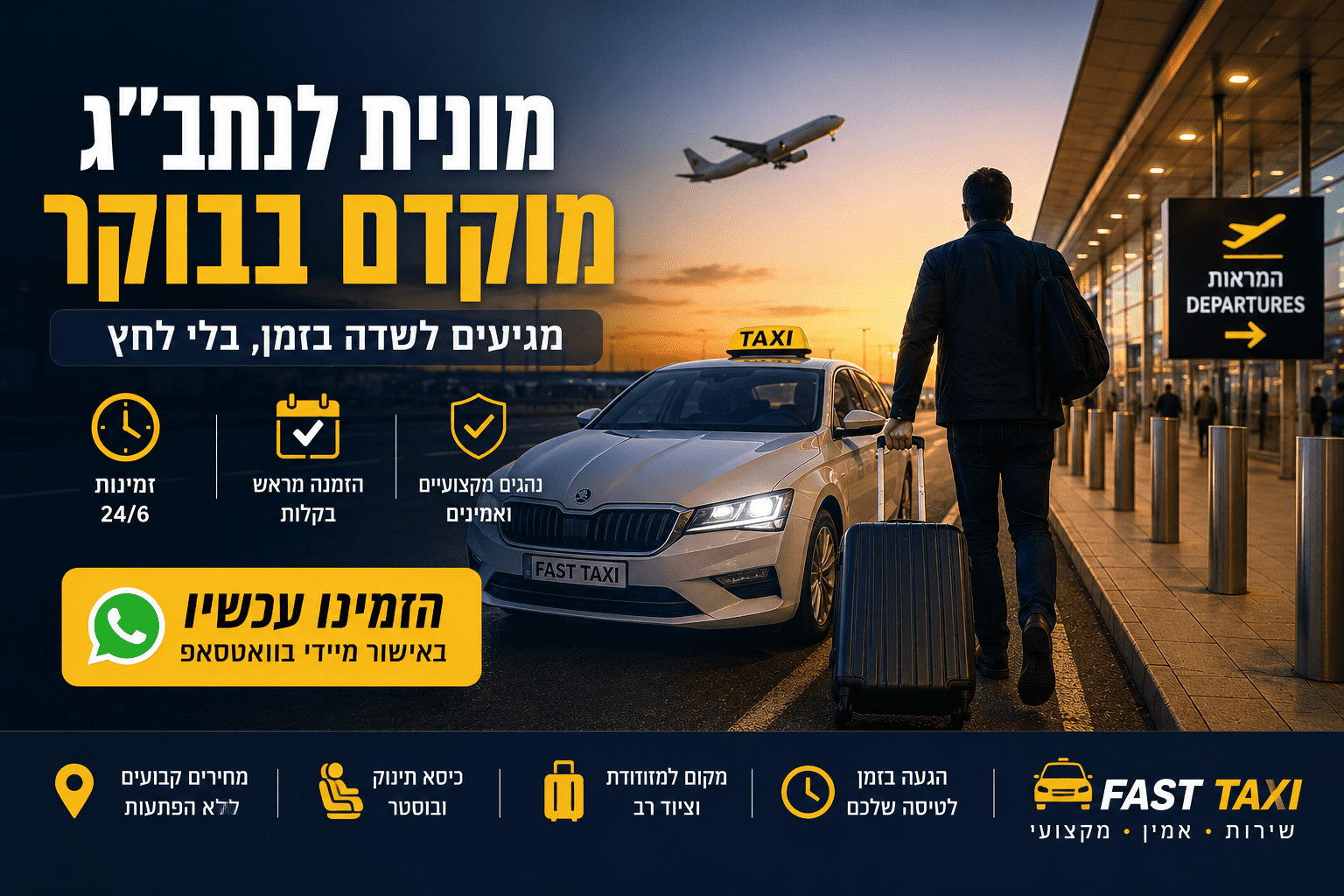 מונית לנתב״ג מוקדם בבוקר מהערים המרכזיות Fast Taxi מספקת שירות מוניות לנתב״ג מהערים המרכזיות, עם מחירים ברורים: